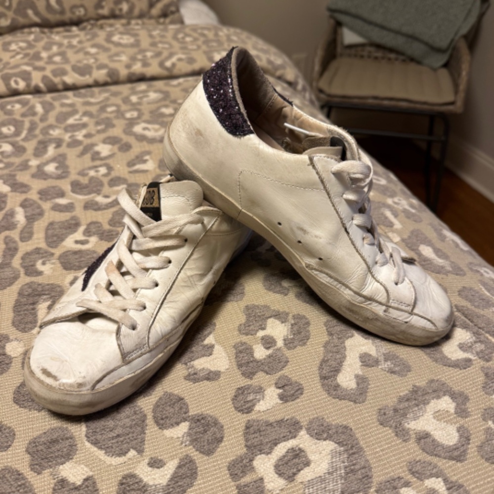 Golden Goose White Leather Sneakers with Black Glitter Star and Heel - Picture 3 of 12